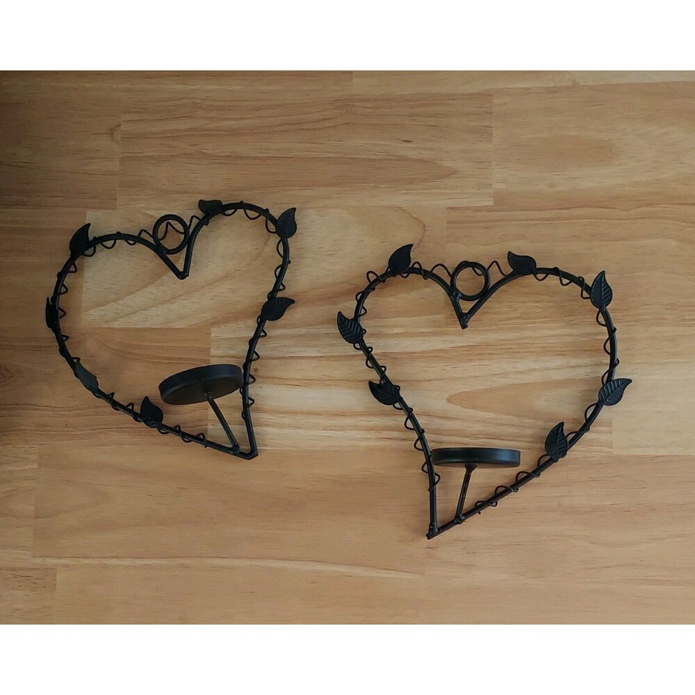 Vintage black Metal Heart with leaves Wall Sconces Candleholders - Set of 2 - 8"